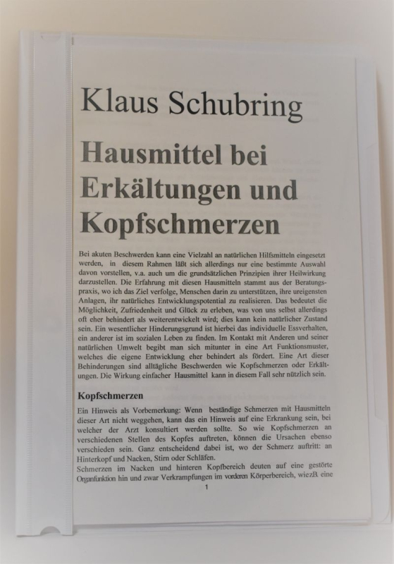 Schubring, Klaus: Hausmittel bei Erkältungen und Kopfschmerzen, 14 Seiten, Schnellhefter